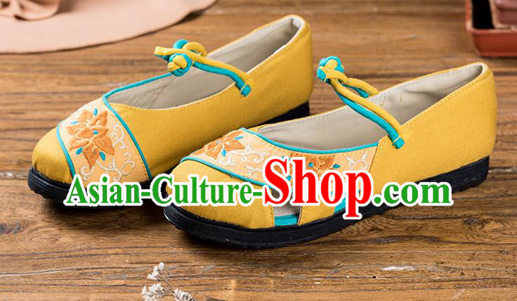 China Folk Dance Sandals National Female Shoes Embroidered Yellow Canvas Shoes Handmade Old Beijing Cloth Shoes