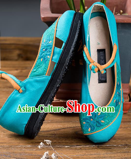 China National Female Shoes Embroidered Blue Canvas Shoes Handmade Old Beijing Cloth Shoes Folk Dance Sandals