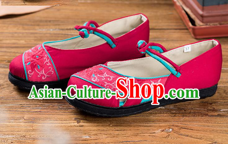 China Handmade Old Beijing Cloth Shoes Folk Dance Sandals National Female Shoes Embroidered Rosy Canvas Shoes