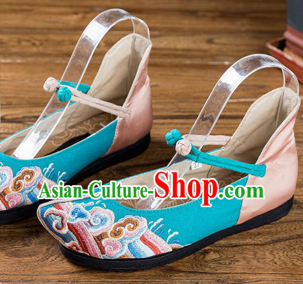 China Embroidered Blue Flax Shoes Handmade Woman Shoes Folk Dance Shoes National Old Beijing Cloth Shoes