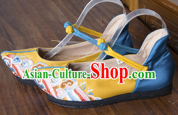 China Folk Dance Shoes National Old Beijing Cloth Shoes Embroidered Yellow Flax Shoes Handmade Woman Shoes