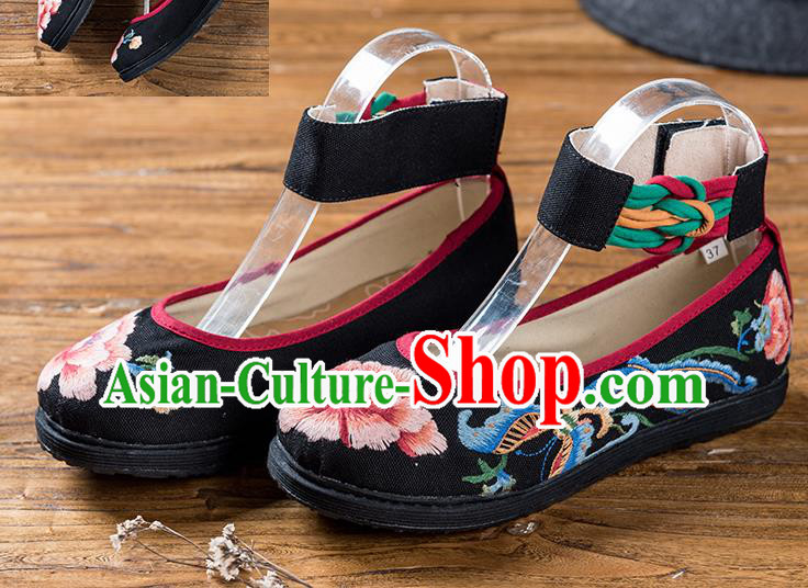 China Embroidered Peony Butterfly Shoes Handmade Woman Black Flax Shoes Folk Dance Shoes National Old Beijing Cloth Shoes