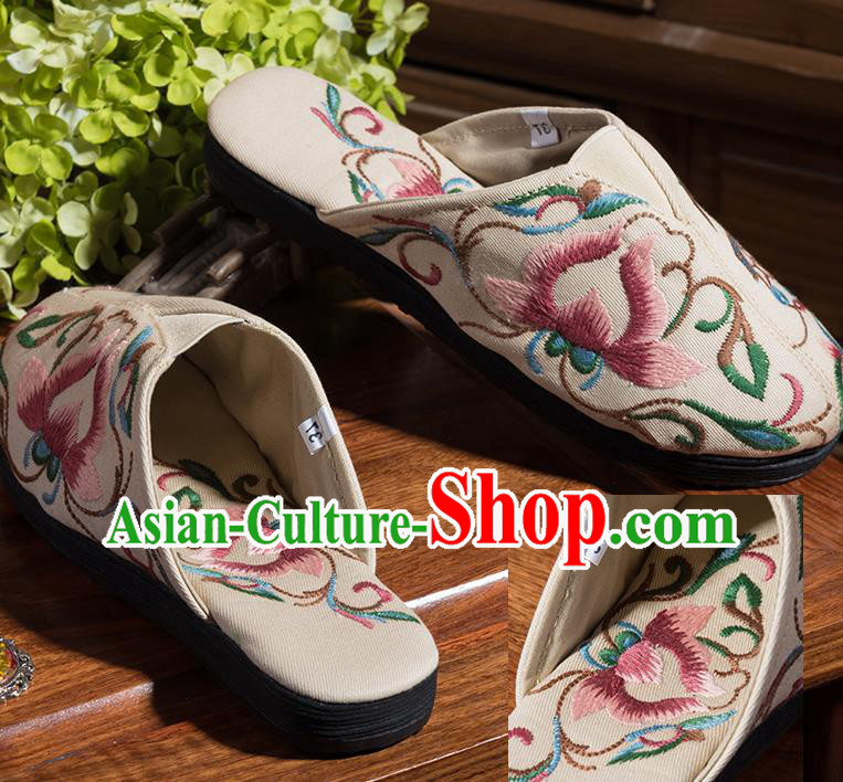 China Folk Dance Shoes National Beige Flax Sandals Embroidered Lotus Shoes Handmade Woman Cloth Shoes