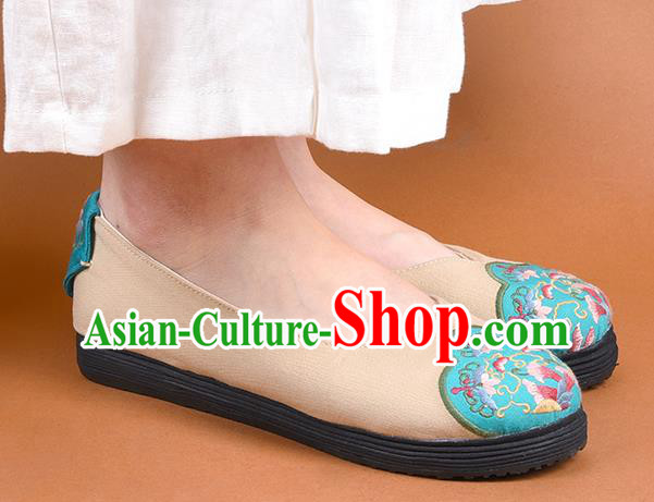 China Woman Beige Canvas Shoes National Folk Dance Shoes Embroidered Shoes Handmade Cloth Shoes