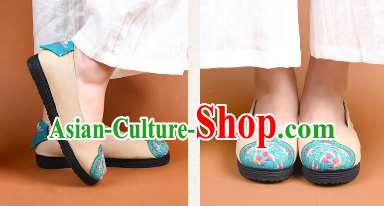 China Woman Beige Canvas Shoes National Folk Dance Shoes Embroidered Shoes Handmade Cloth Shoes