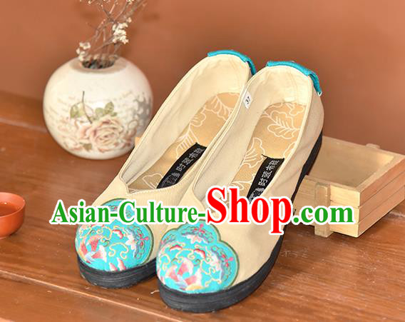 China Woman Beige Canvas Shoes National Folk Dance Shoes Embroidered Shoes Handmade Cloth Shoes