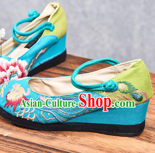 China Folk Dance Wedge Heel Shoes National Woman Cloth Shoes Embroidered Phoenix Peony Shoes Handmade Blue Canvas Shoes