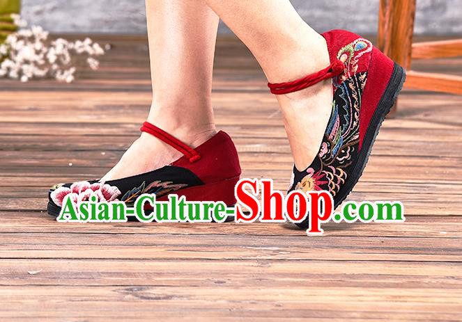 China Handmade Red Canvas Shoes Folk Dance Wedge Heel Shoes National Woman Cloth Shoes Embroidered Phoenix Peony Shoes