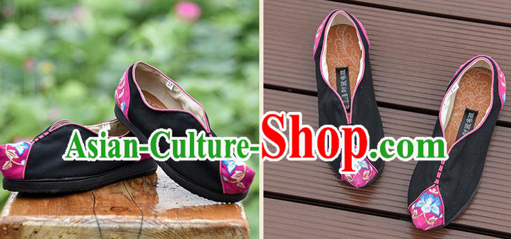 China National Woman Cloth Shoes Black Embroidered Shoes Handmade Canvas Shoes Folk Dance Shoes