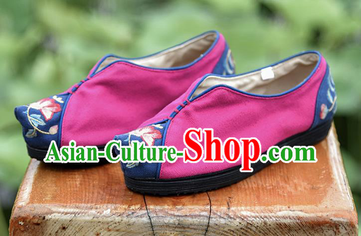 China Folk Dance Shoes National Woman Cloth Shoes Magenta Embroidered Shoes Handmade Canvas Shoes