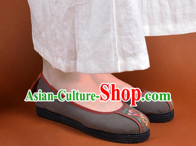 China Woman Grey Canvas Shoes National Folk Dance Shoes Kung Fu Embroidered Shoes Handmade Cloth Shoes