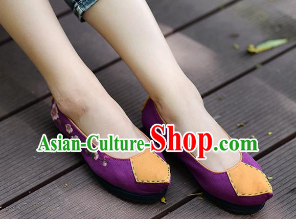 China Folk Dance Shoes National Woman Canvas Shoes Traditional Embroidered Peach Blossom Shoes Handmade Purple Cloth Shoes