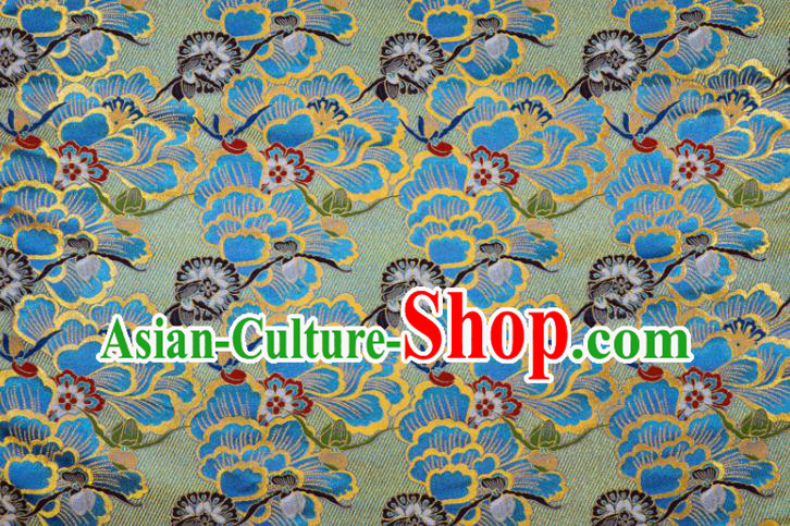 Japanese Traditional Cloth Fabric Kimono Blue Brocade Nishijin Tapestry Satin Classical Peony Pattern Damask