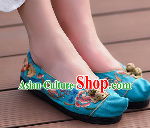 China Handmade Blue Canvas Shoes Folk Dance Shoes National Woman Cloth Shoes Traditional Embroidered Shoes
