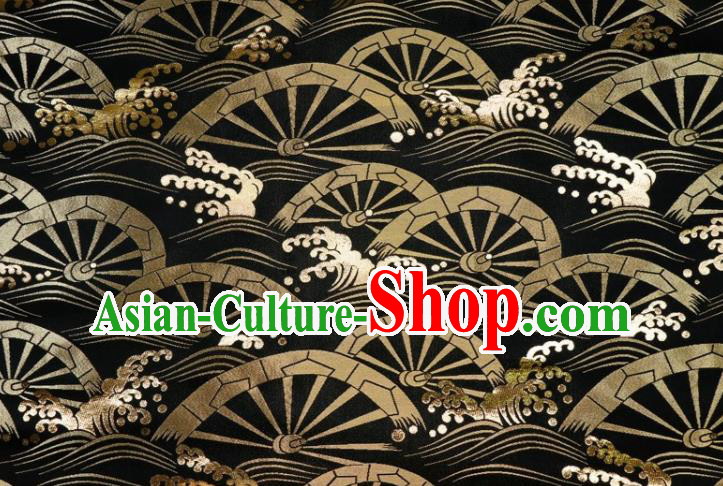 Japanese Classical Wheel Pattern Damask Traditional Kimono Cloth Fabric Black Brocade Nishijin Tapestry Satin