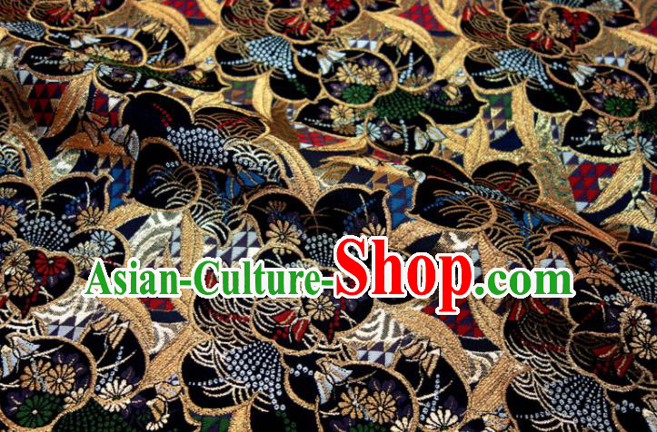 Japanese Nishijin Tapestry Classical Flowers Pattern Damask Traditional Kimono Satin Cloth Black Brocade Fabric