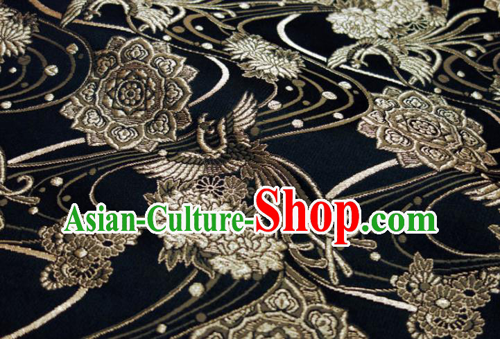 Japanese Kimono Satin Cloth Nishijin Tapestry Fabric Classical Damask Drapery Traditional Phoenix Pattern Black Brocade