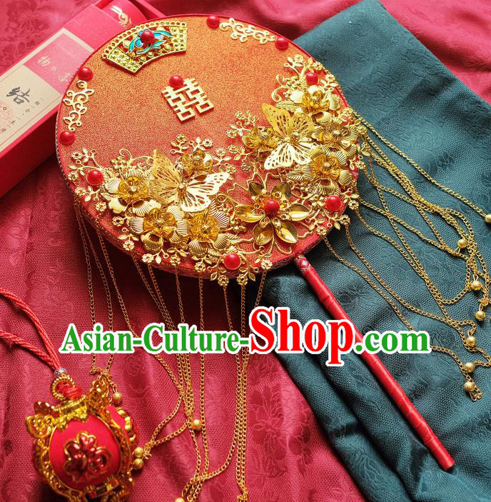 China Classical Dance Circular Fan Handmade Red Silk Fan Traditional Wedding Fan Bride Golden Butterfly Tassel Palace Fan