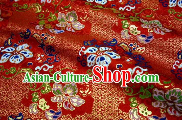 Japanese Kimono Satin Cloth Traditional Nishijin Tapestry Fabric Classical Damask Drapery Palace Twine Pattern Red Brocade