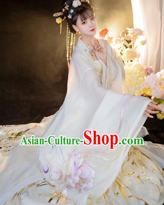 China Tang Dynasty Noble Beauty Historical Clothing Ancient Royal Princess White Dress Traditional Hanfu Garments Complete Set