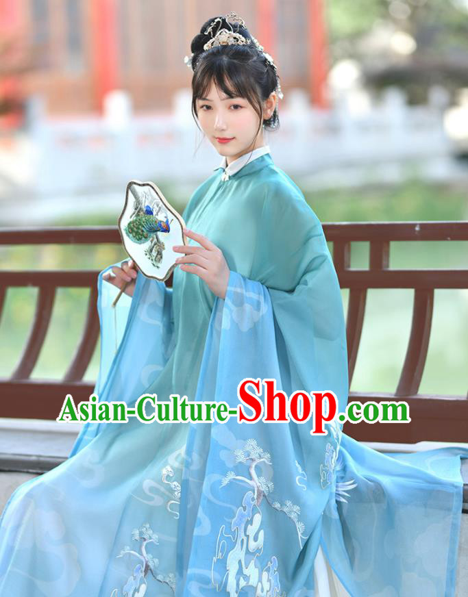 China Traditional Antique Garments Ming Dynasty Noble Lady Historical Clothing Ancient Patrician Woman Blue Hanfu Dress