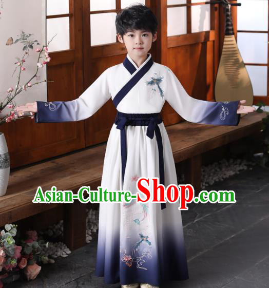 China Traditional Stage Performance Clothing Boys Classical Dance Garment Costume Ancient Scholar Navy Robe