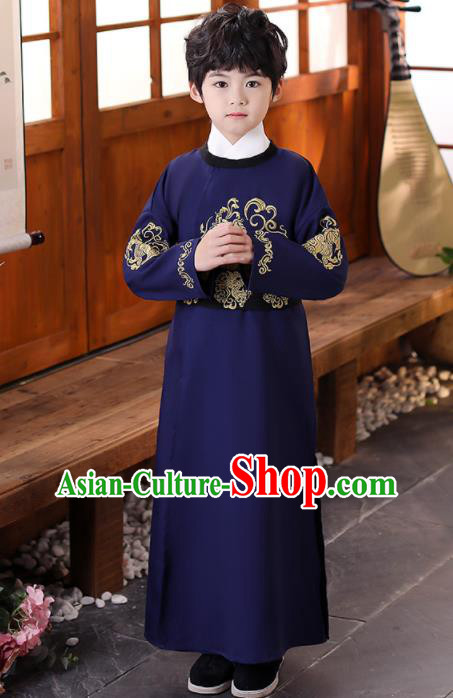 China Ancient Tang Dynasty Scholar Navy Robe Traditional Stage Performance Clothing Boys Classical Dance Garment Costume