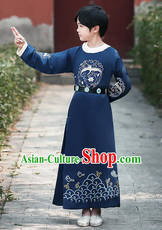 China Traditional Dance Performance Clothing Ancient Boys Knight Garment Costume Tang Dynasty Swordsman Embroidered Navy Robe