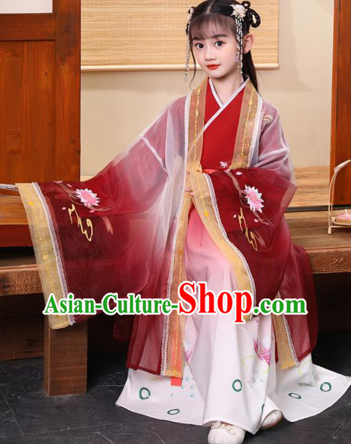 Chinese Ancient Girl Princess Garments Classical Dance Clothing Traditional Children Performance Red Hanfu Dress