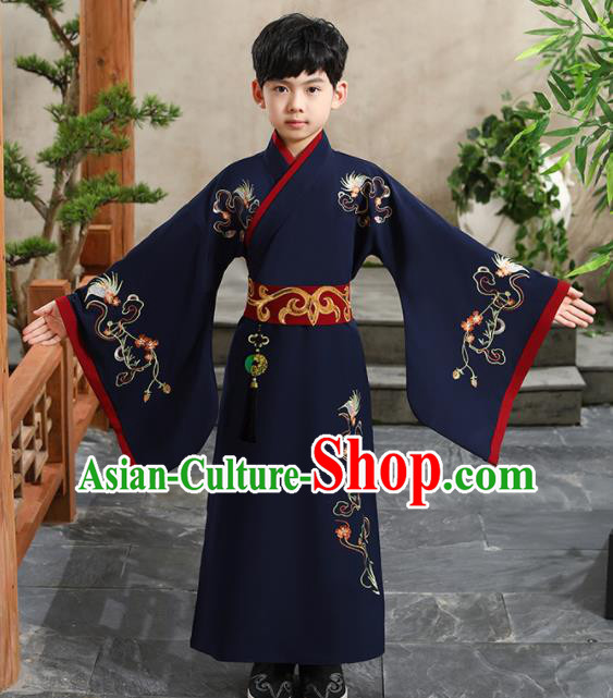 China Ancient Children Childe Garment Costume Ming Dynasty Scholar Navy Robe Traditional Boys Dance Performance Clothing