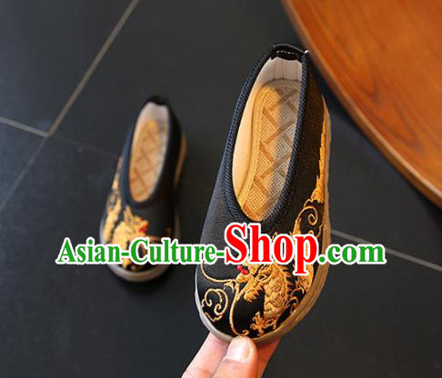 Chinese Boys Embroidered Dragon Shoes Ming Dynasty Black Cloth Shoes Traditional Children Hanfu Shoes