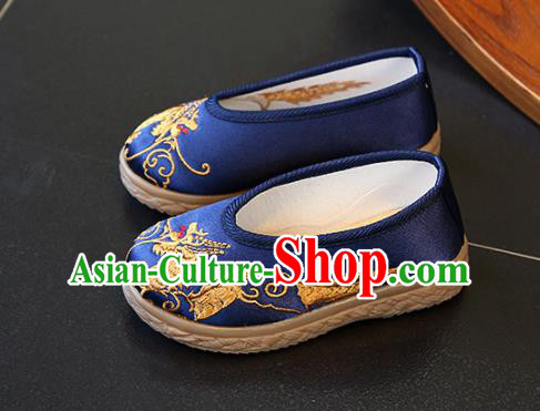 Chinese Traditional Children Hanfu Shoes Boys Embroidered Dragon Shoes Ming Dynasty Blue Cloth Shoes