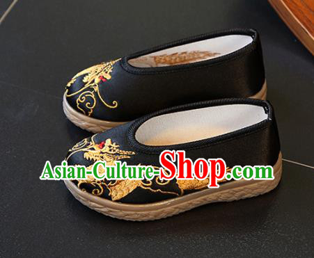 Chinese Boys Embroidered Dragon Shoes Ming Dynasty Black Cloth Shoes Traditional Children Hanfu Shoes