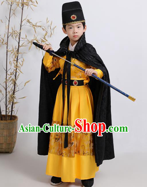 China Ancient Children Swordsman Garment Costume Traditional Yellow Feiyu Robe Ming Dynasty Boys Imperial Guards Clothing