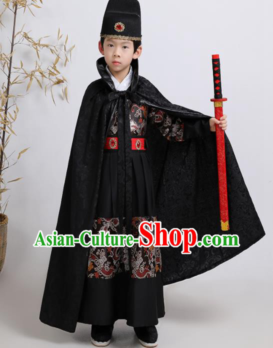 China Ming Dynasty Boys Clothing Ancient Children Swordsman Garment Costume Traditional Imperial Guards Black Feiyu Robe