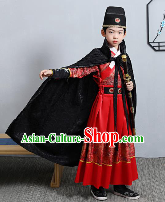 China Ming Dynasty Boys Imperial Guards Clothing Ancient Swordsman Garment Costume Traditional Children Red Feiyu Robe
