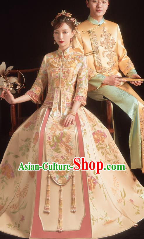 China Toast Clothing Traditional Wedding Garment Costumes Classical Xiuhe Suits Embroidered Bride Champagne Dress