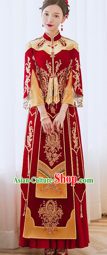 China Traditional Wedding Garment Costumes Classical Red Xiuhe Suits Embroidered Dress Bride Toast Clothing