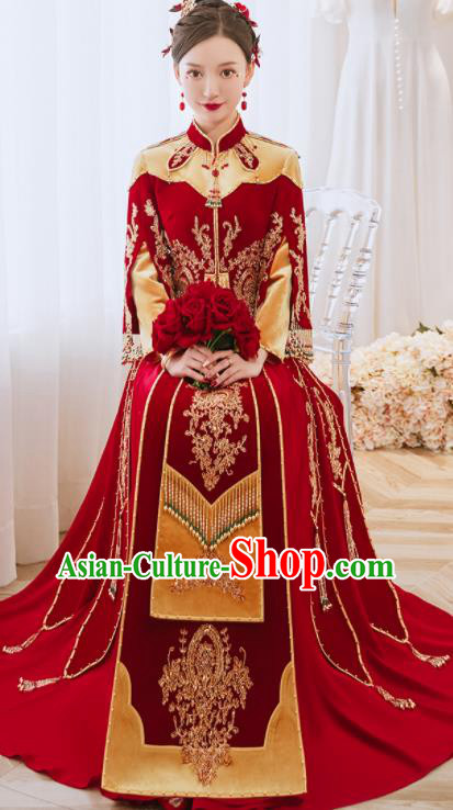 China Traditional Wedding Garment Costumes Classical Red Xiuhe Suits Embroidered Dress Bride Toast Clothing