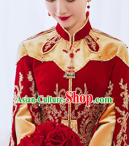 China Traditional Wedding Garment Costumes Classical Red Xiuhe Suits Embroidered Dress Bride Toast Clothing