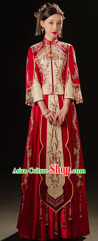 China Embroidered Diamante Dress Bride Toast Clothing Traditional Wedding Garment Costumes Classical Red Xiuhe Suits