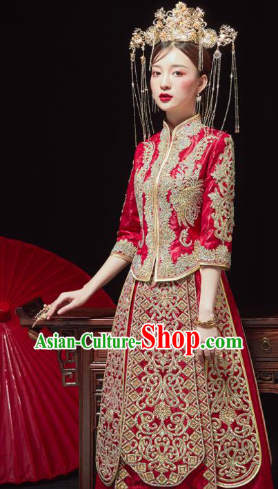 China Traditional Wedding Red Garment Costumes Classical Xiuhe Suits Embroidered Diamante Dress Bride Toast Clothing