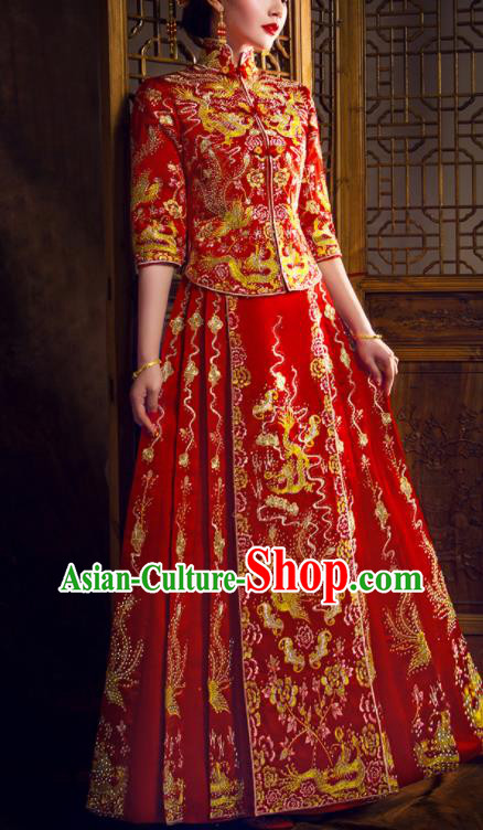 China Traditional Wedding Garment Costumes Classical Red Xiuhe Suits Embroidered Dragon Phoenix Dress Bride Toast Clothing