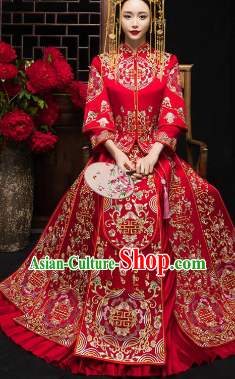 China Bride Embroidered Dress Traditional Toast Clothing Classical Wedding Garment Costumes Red Xiuhe Suits