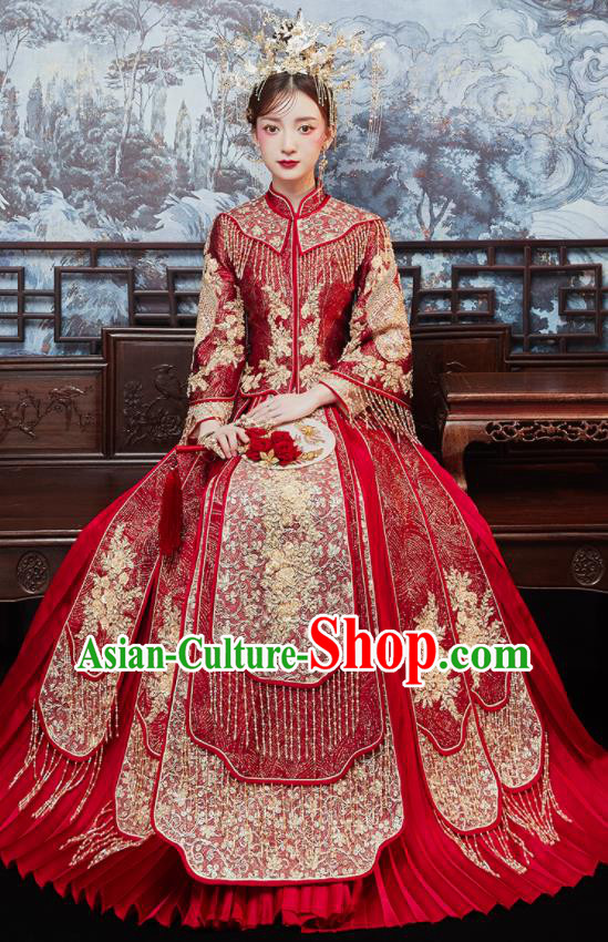China Dark Red Xiuhe Suits Bride Embroidered Dress Traditional Toast Clothing Classical Wedding Garment Costumes