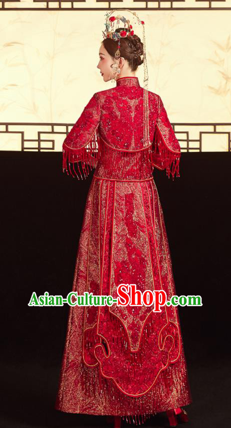 China Traditional Toast Clothing Classical Wedding Garment Costumes Red Xiuhe Suits Bride Embroidered Dress