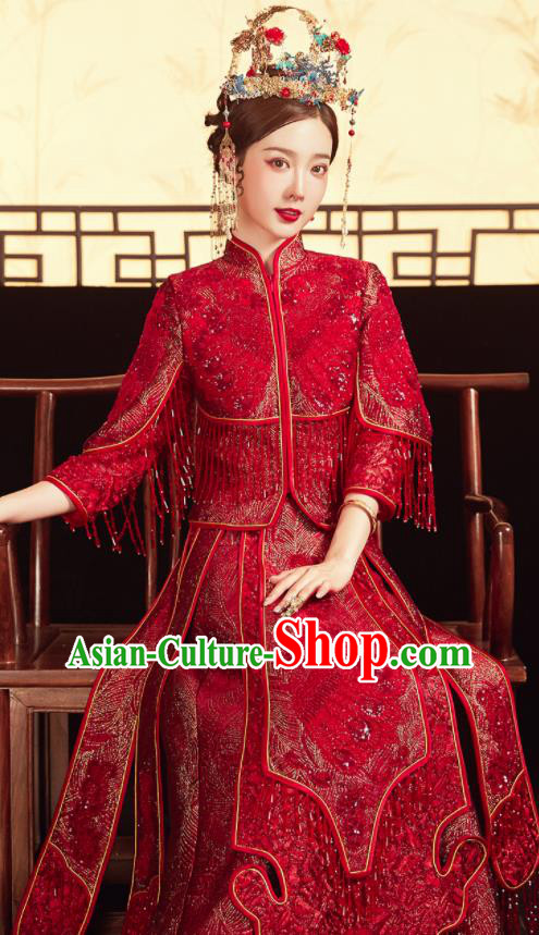 China Traditional Toast Clothing Classical Wedding Garment Costumes Red Xiuhe Suits Bride Embroidered Dress