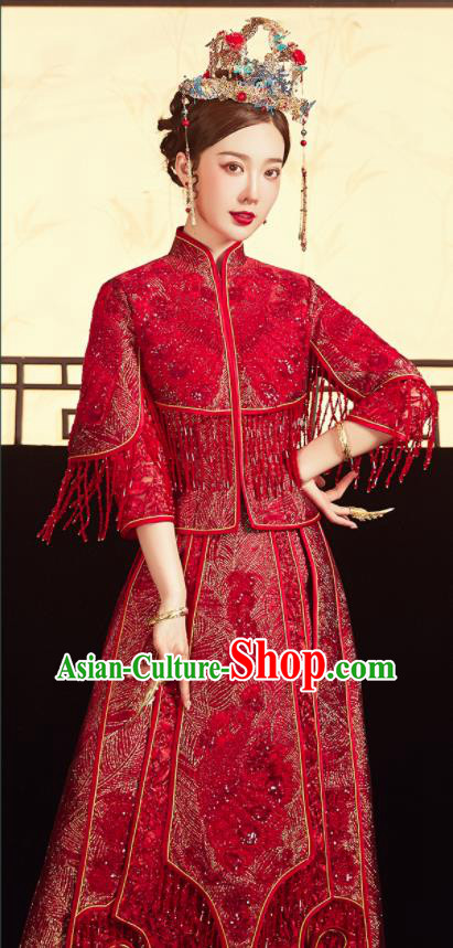 China Traditional Toast Clothing Classical Wedding Garment Costumes Red Xiuhe Suits Bride Embroidered Dress