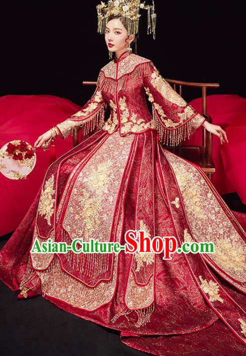 China Bride Embroidered Trailing Dress Traditional Toast Clothing Classical Wedding Garment Costumes Red Xiuhe Suits