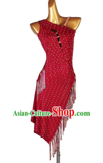Professional Ballroom Dancing Fashion Rumba Dance Competition Costume Women Cha Cha Clothing Latin Dance Wine Red Tassel Dress